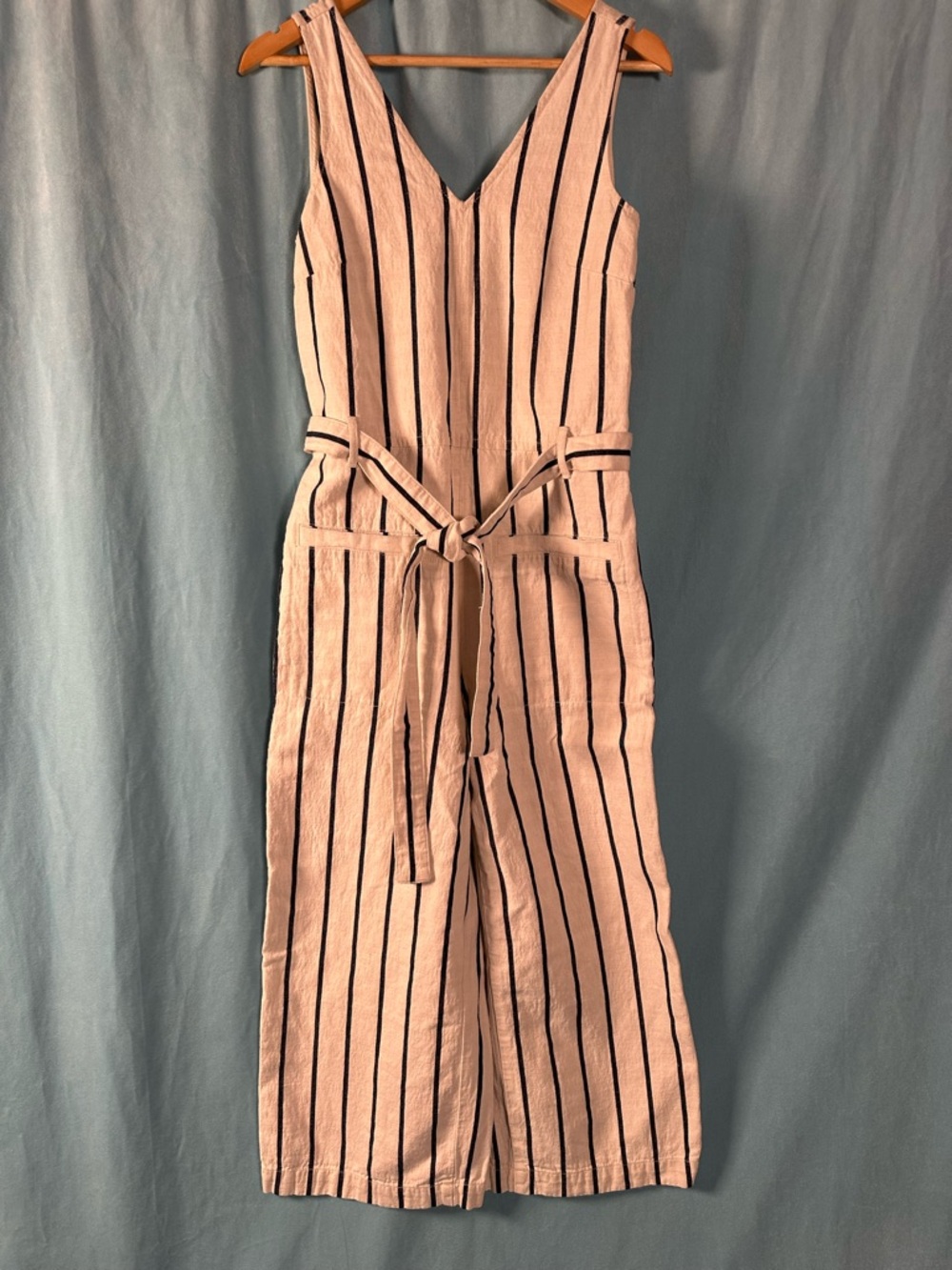 Madewell Cream and Navy Blue Striped Linen Blend Wide-Leg Jumpsuit